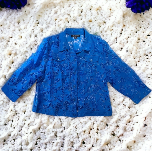 Linear Women's Blue Sheer Floral Long Sleeve Button Up Blouse Size XL - Picture 1 of 10